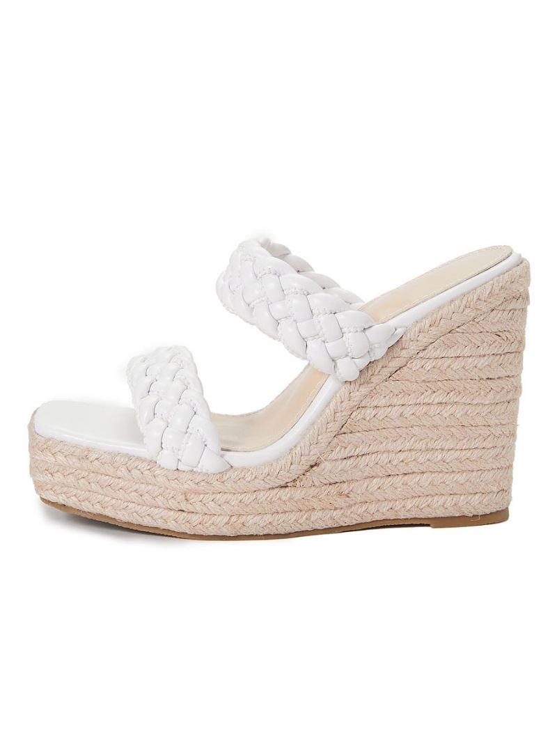 Mules À Talons Compensés Pour Femmes Enfiler Bout Carré Cuir Pu Blond Clair Sandales Mariage Boho - Blanc