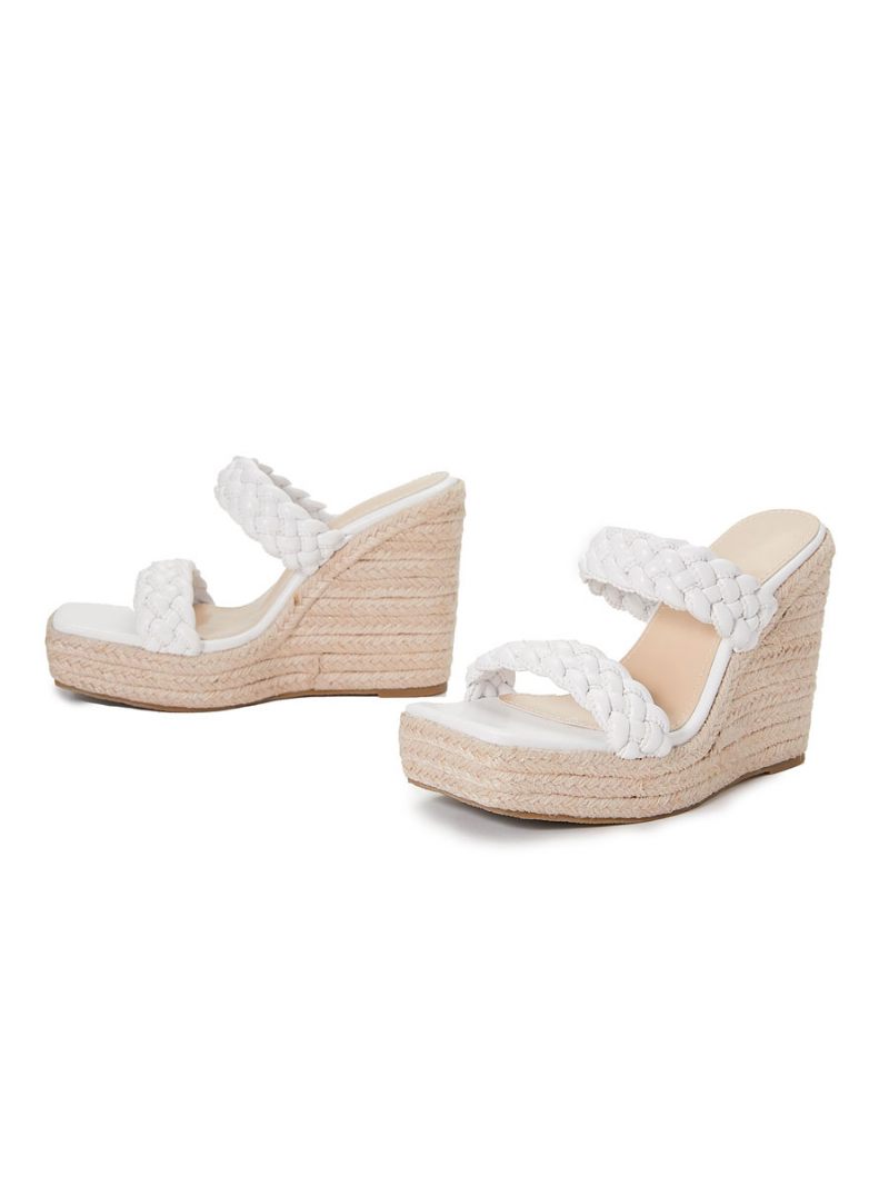 Mules À Talons Compensés Pour Femmes Enfiler Bout Carré Cuir Pu Blond Clair Sandales Mariage Boho - Blanc