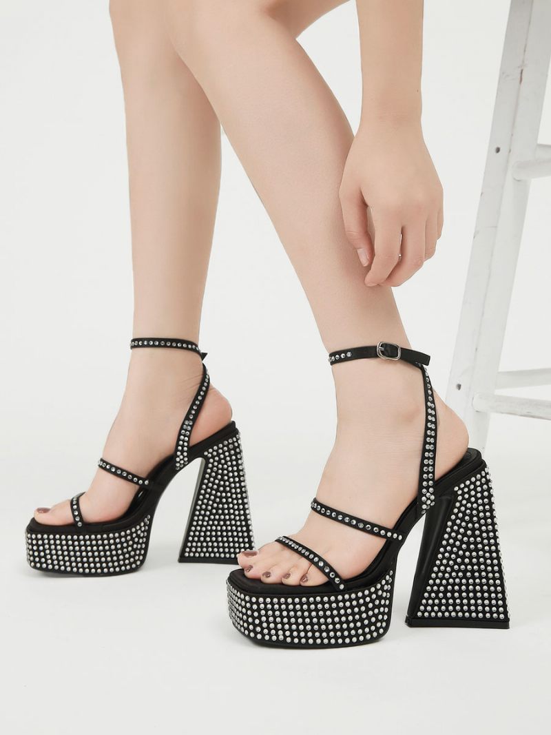 Sandales Bal Noires Pour Femmes Bout Carré Plateforme Strass Talon Épais Bride À La Cheville Talons Hauts