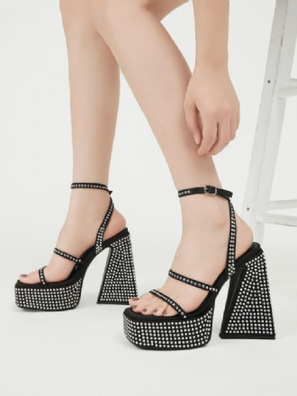 Sandales Bal Noires Pour Femmes Bout Carré Plateforme Strass Talon Épais Bride À La Cheville Talons Hauts