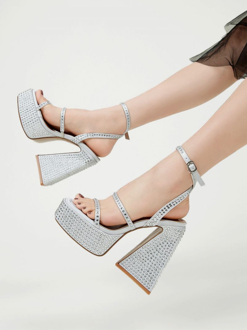 Sandales Bal Noires Pour Femmes Bout Carré Plateforme Strass Talon Épais Bride À La Cheville Talons Hauts - Argent