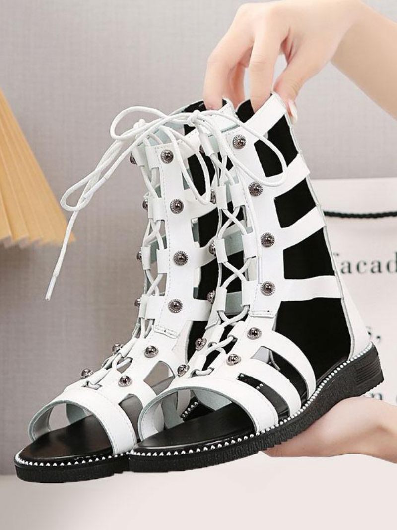 Sandales Gladiateur Pour Femmes Plates Cuir Pu Noires À Bout Ouvert - Blanc