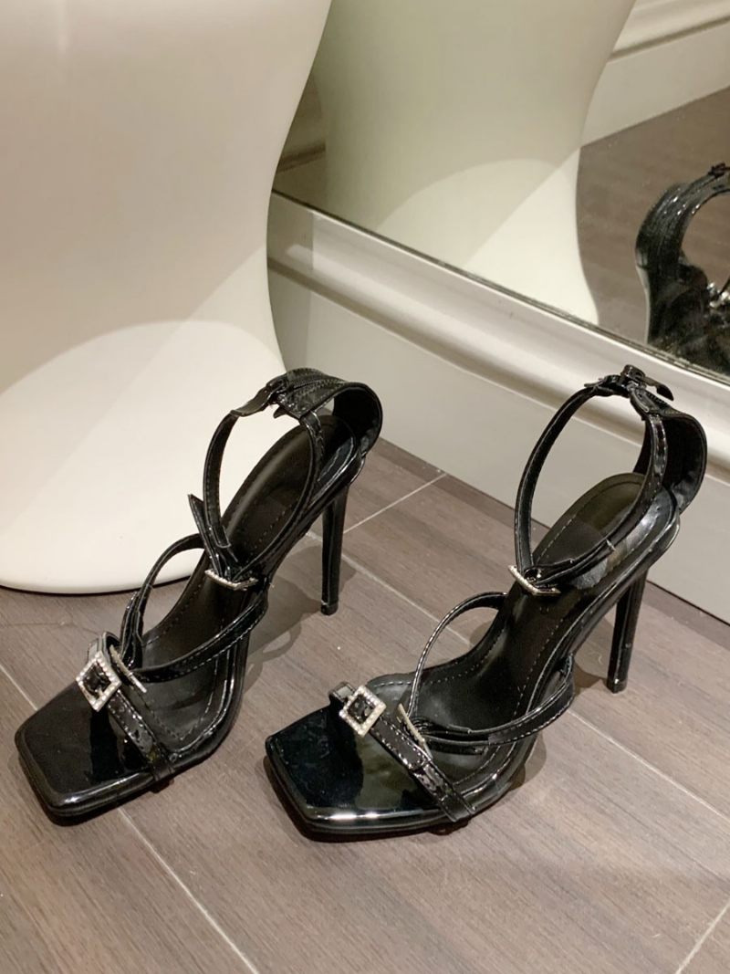 Sandales À Lanières Noires Pour Femmes Bout Carré Détail Boucle Talons Hauts - Noir