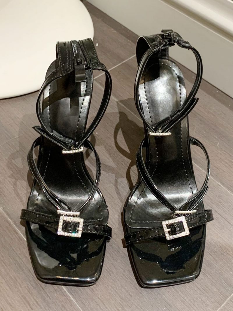 Sandales À Lanières Noires Pour Femmes Bout Carré Détail Boucle Talons Hauts - Noir