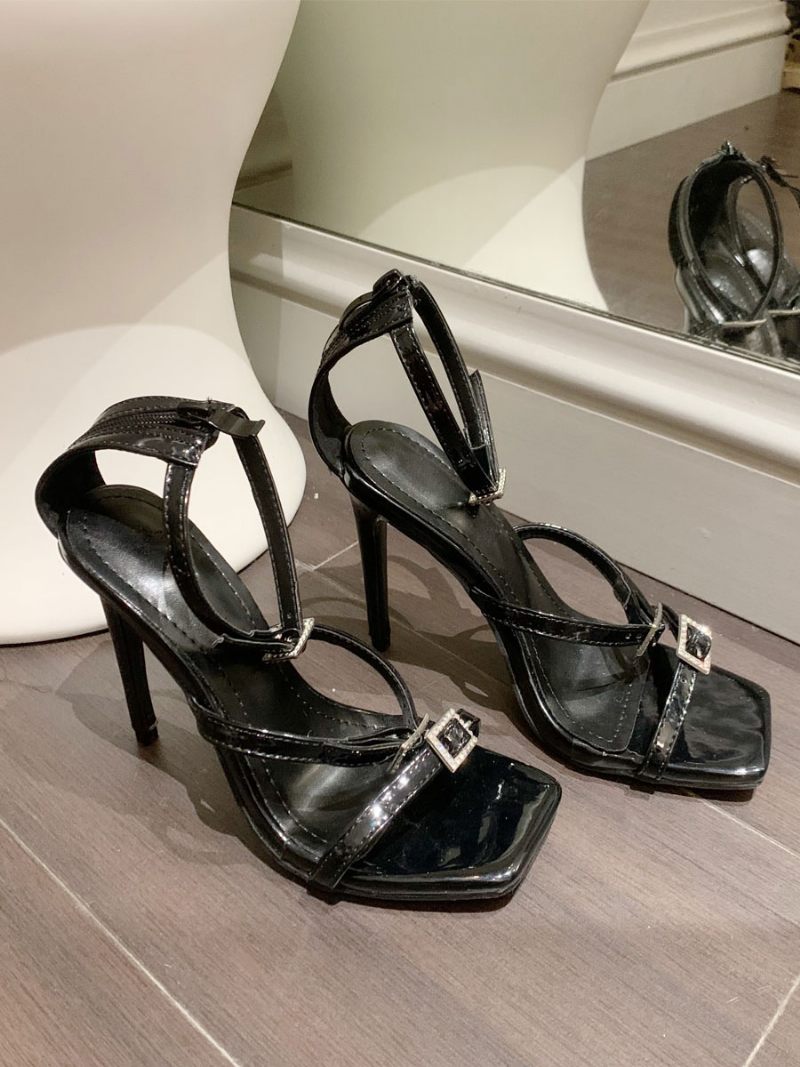 Sandales À Lanières Noires Pour Femmes Bout Carré Détail Boucle Talons Hauts - Noir