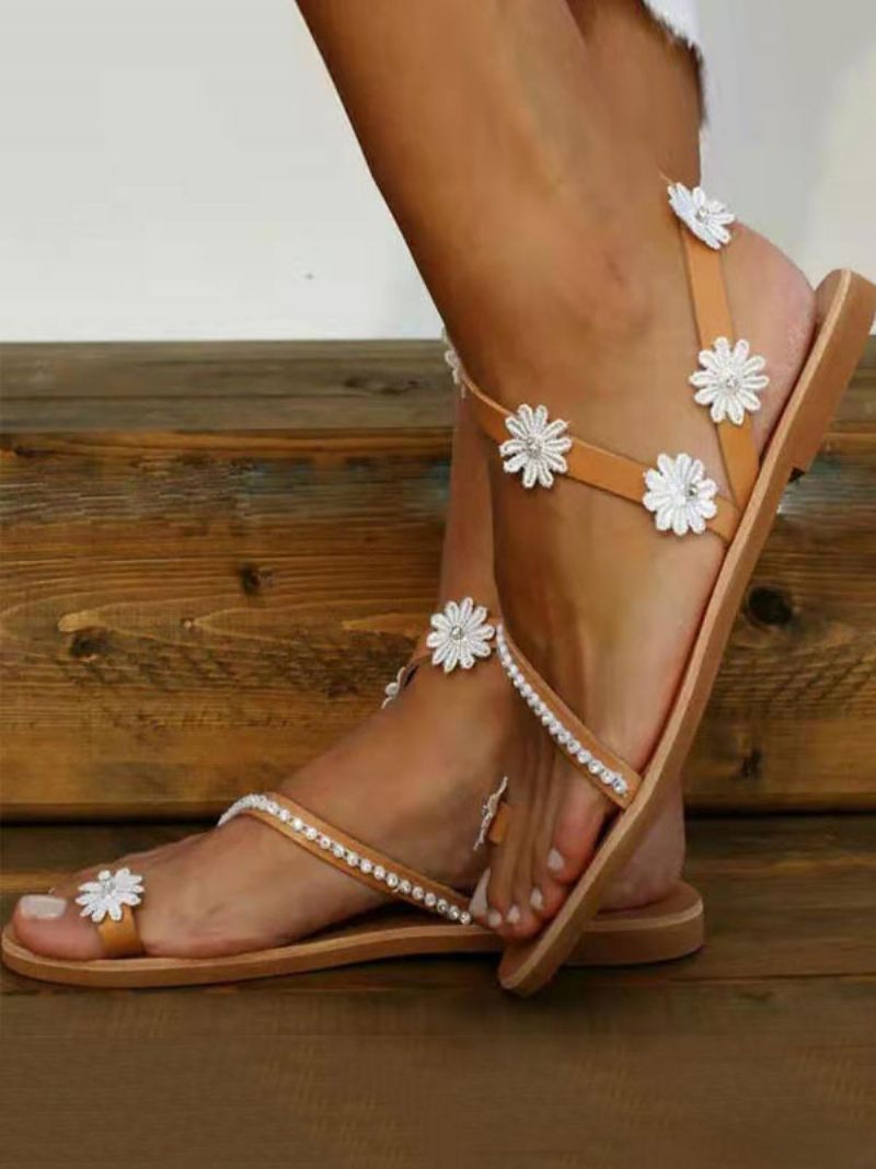 Sandales Mariage Boho Pour Femmes Chaussures Plates À Fleurs Sur La Plage - Café Brun