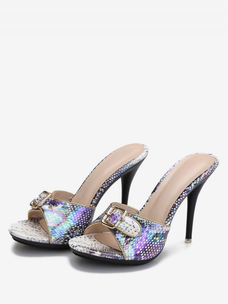 Sandales Mules À Talon Aiguille Python Pour Femmes Avec Boucle - Violet Royal