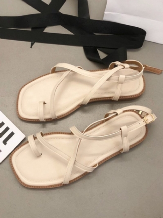 Sandales Plates Croisées Cuir Pu Pour Femmes Bout Carré