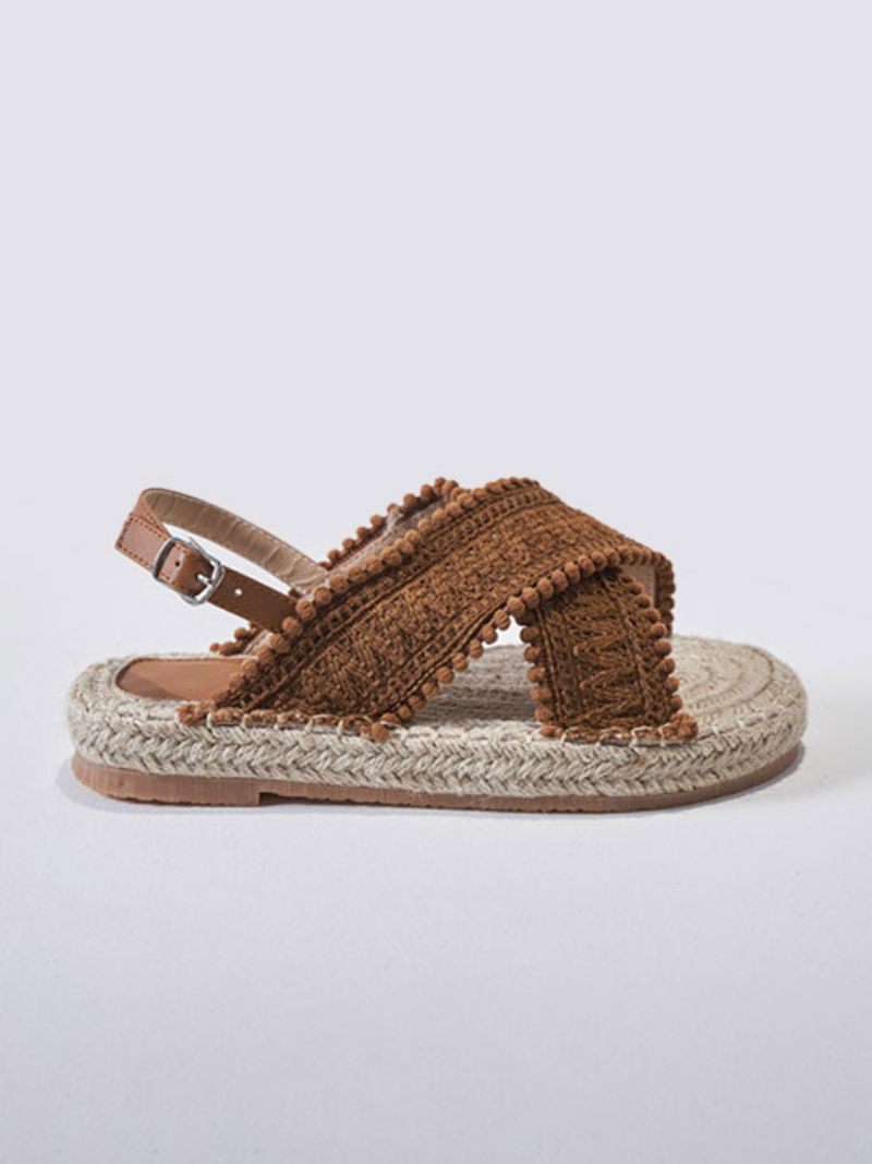 Sandales Plates Pour Femmes Plage Bout Rond À Lacets Style Boho Chaussures Mariage - Marron Café