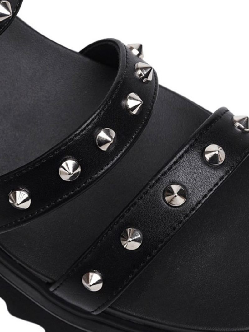 Sandales Plates Pour Femmes Rivets Noirs Gladiateur Cuir Pu - Noir