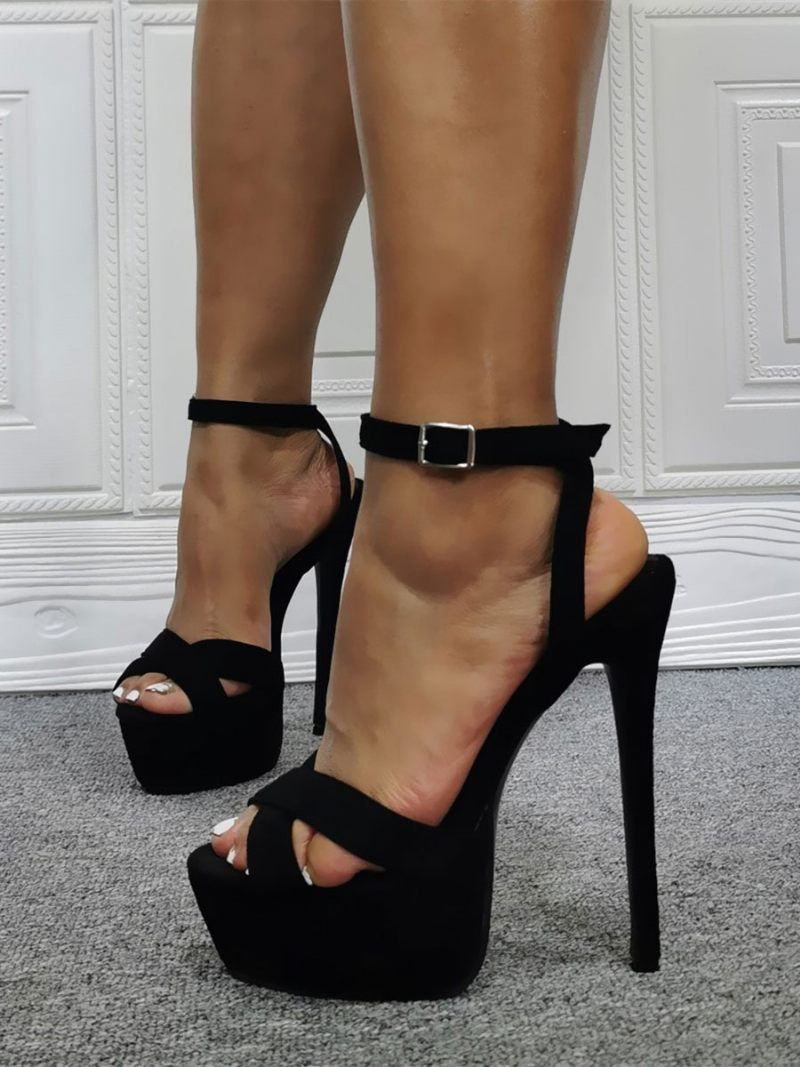 Sandales Sexy À Talons Hauts Pour Femmes Bride La Cheville Daim Noir Grande Taille Talon Aiguille - Noir