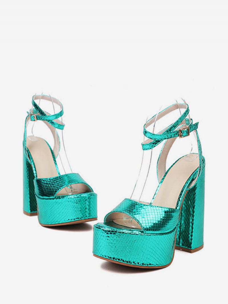 Sandales À Talons Argentées Pour Femmes Plateforme Et Bride La Cheville Bout Ouvert - Turquoise