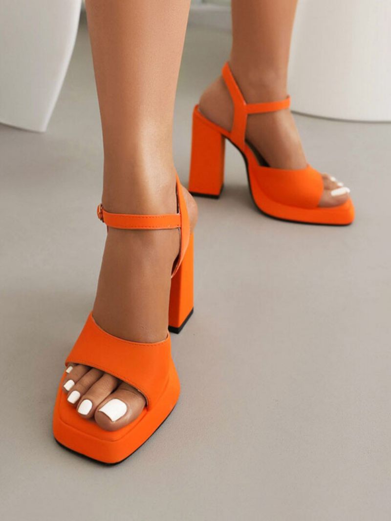 Sandales À Talons Blocs Pour Femmes Bout Carré Détail Boucle Hauts - Orange