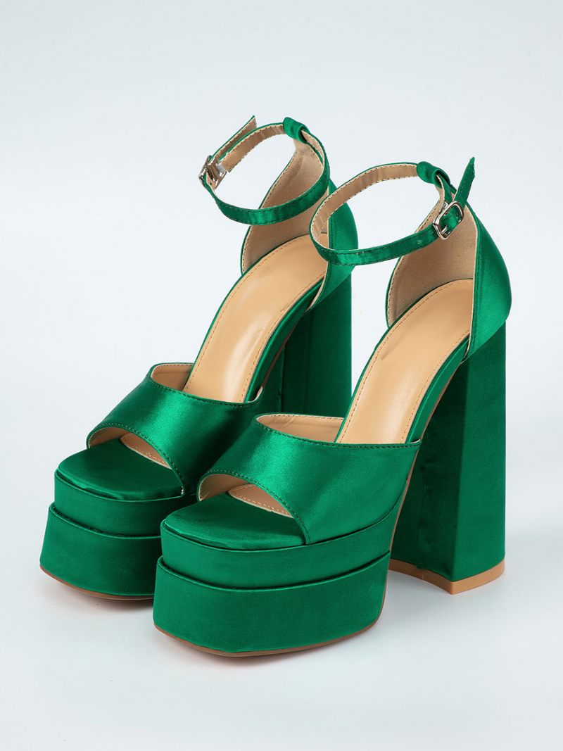 Sandales À Talons Blocs Pour Femmes Bout Carré Satin Bride La Cheville Hauts - Vert