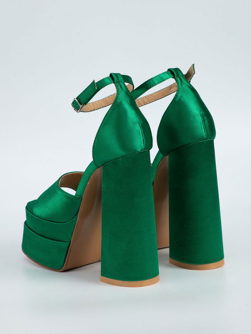 Sandales À Talons Blocs Pour Femmes Bout Carré Satin Bride La Cheville Hauts - Vert