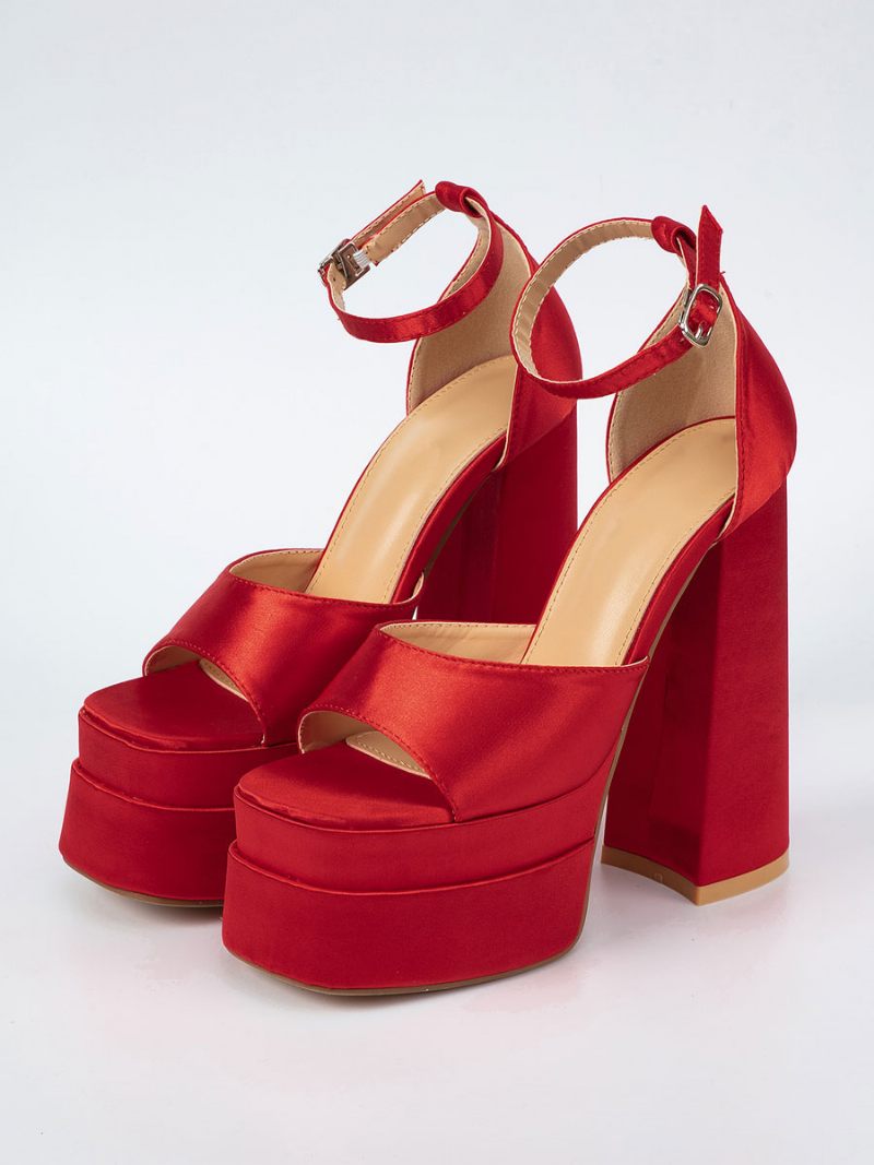 Sandales À Talons Blocs Pour Femmes Bout Carré Satin Bride La Cheville Hauts - Rouge