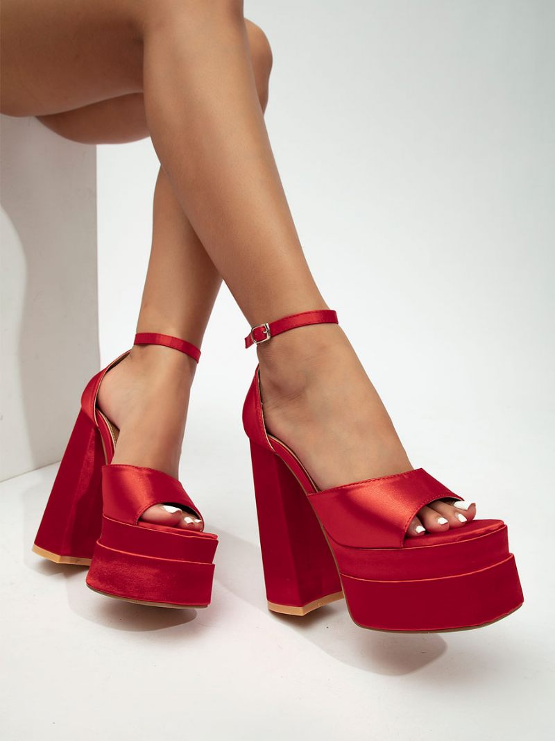 Sandales À Talons Blocs Pour Femmes Bout Carré Satin Bride La Cheville Hauts - Rouge