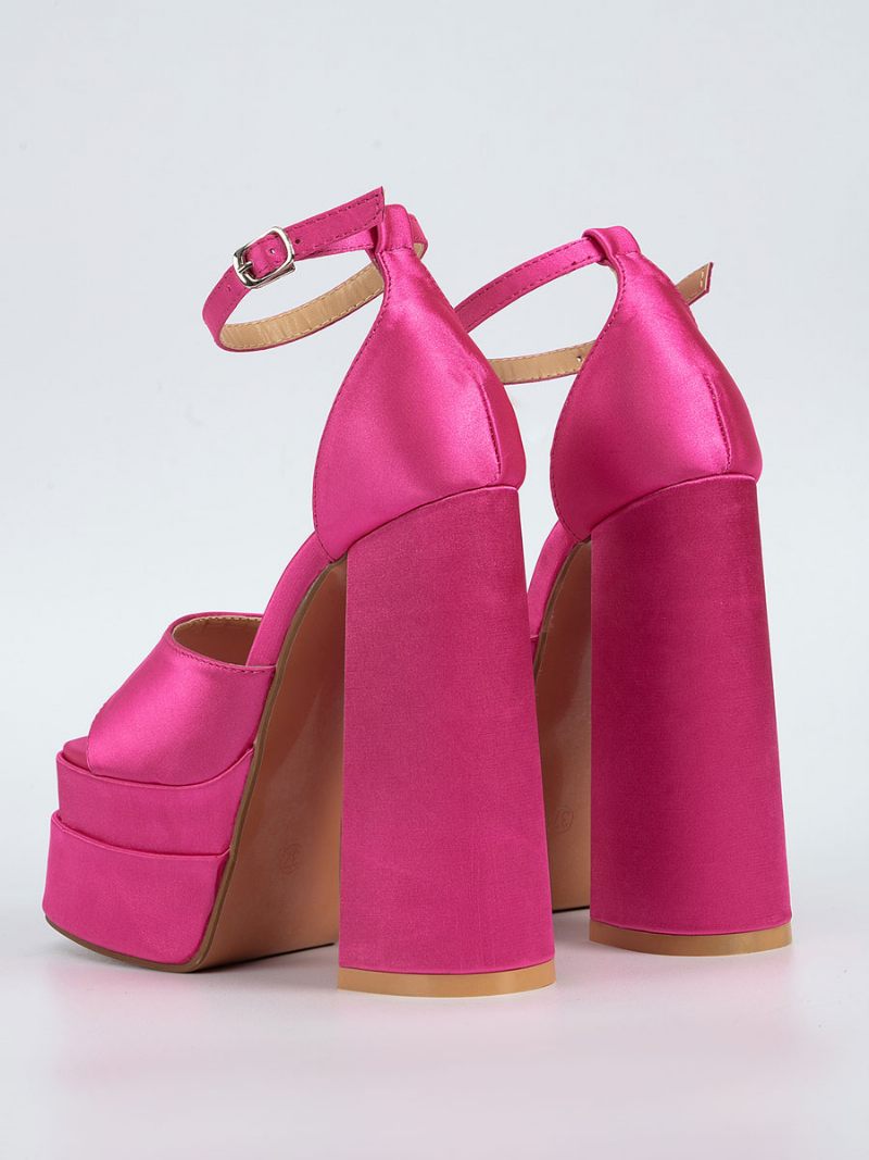 Sandales À Talons Blocs Pour Femmes Bout Carré Satin Bride La Cheville Hauts - Rose