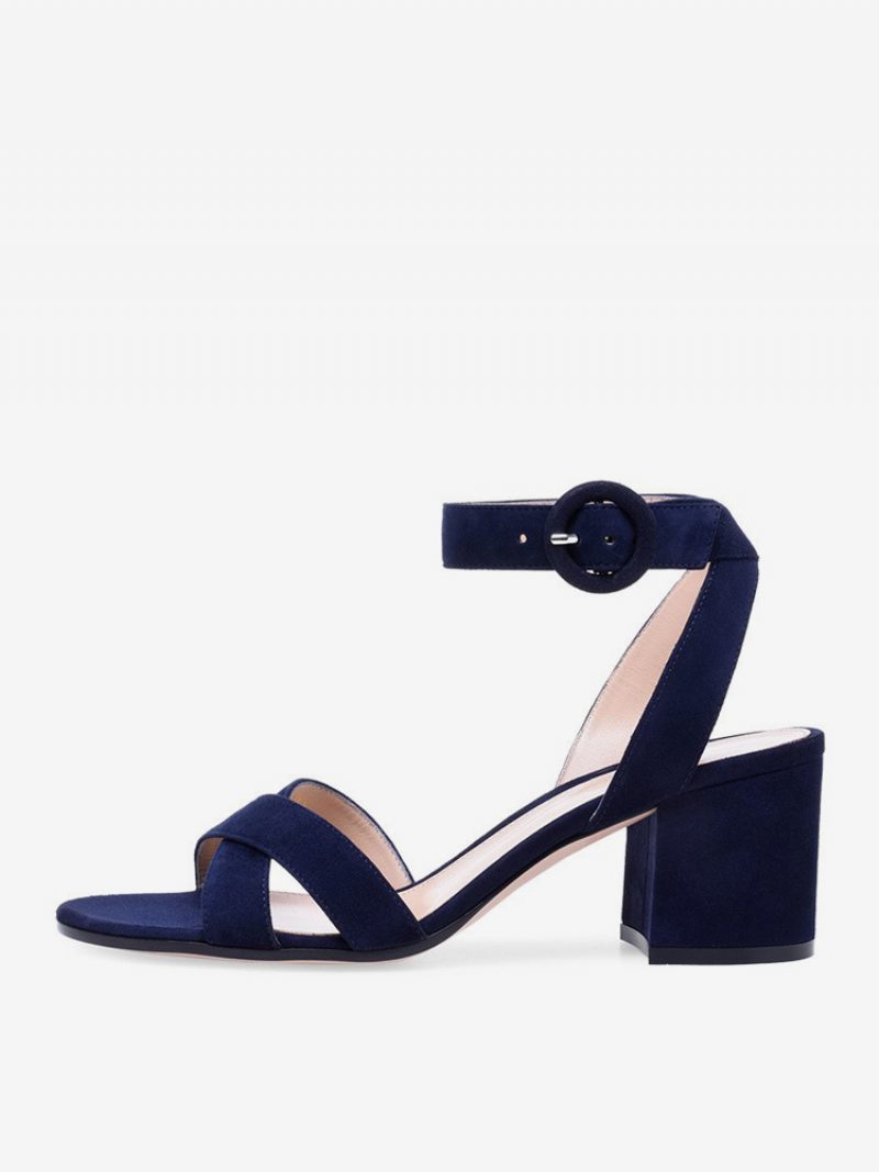 Sandales À Talons Blocs Pour Femmes Bout Ouvert Talon Moyen Bride La Cheville Chaussures Bal - Bleu Profond