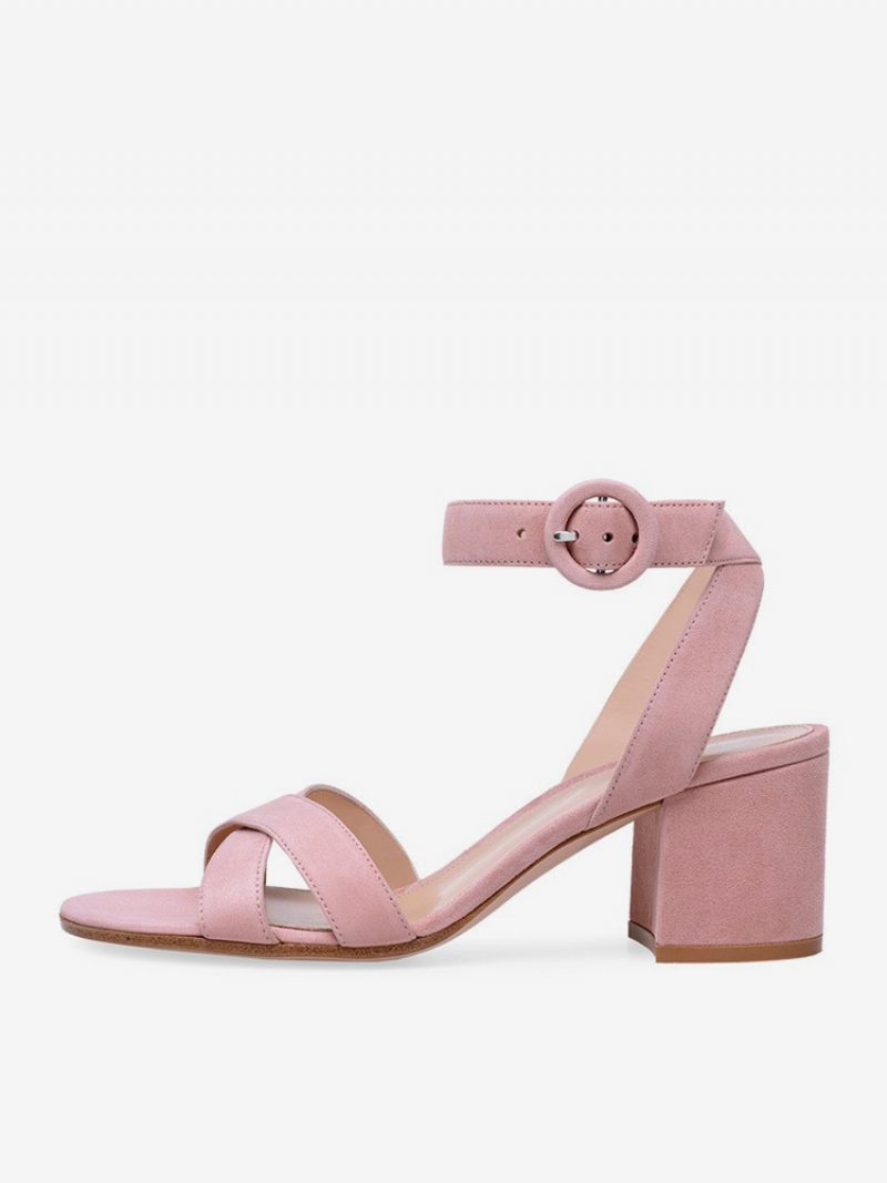 Sandales À Talons Blocs Pour Femmes Bout Ouvert Talon Moyen Bride La Cheville Chaussures Bal - Rose