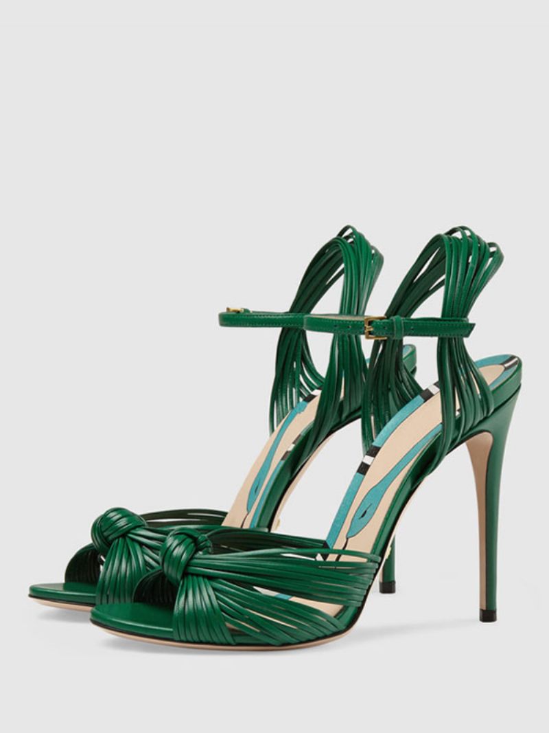 Sandales À Talons Dorés Pour Femmes Bout Ouvert Chaussures Soirée Aiguilles Noués - Vert