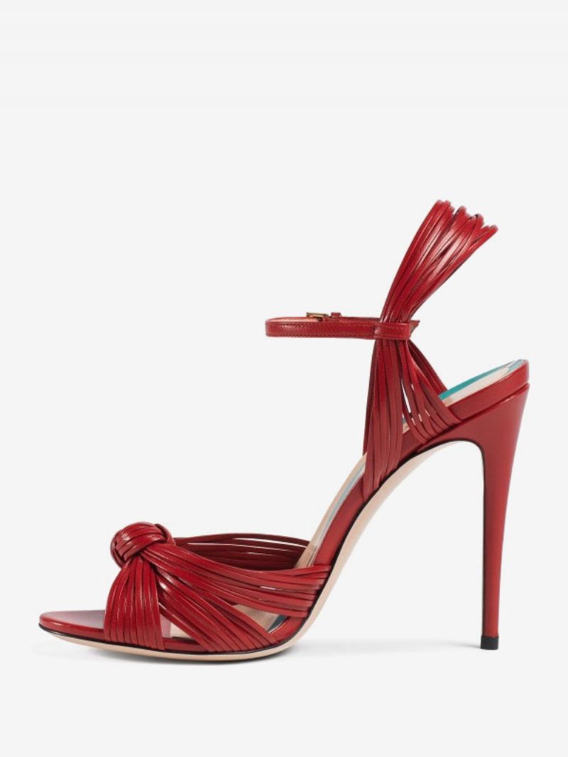 Sandales À Talons Dorés Pour Femmes Bout Ouvert Chaussures Soirée Aiguilles Noués - Rouge