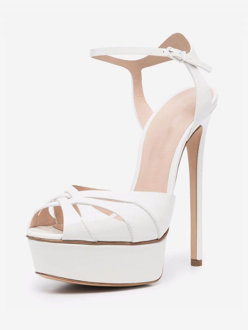 Sandales À Talons Pour Femmes Blanc Peep Toe Plateforme Talon Aiguille Chaussures Fête - Blanc Chaud