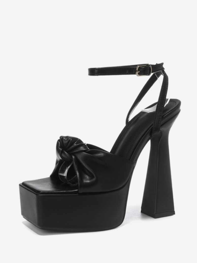 Sandales À Talons Pour Femmes Bout Carré Épais Cuir Pu - Noir