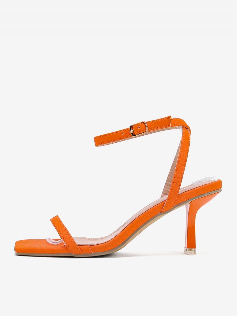 Sandales À Talons Pour Femmes Bout Carré Talon Aiguille Cuir Pu - Rouge-Orange