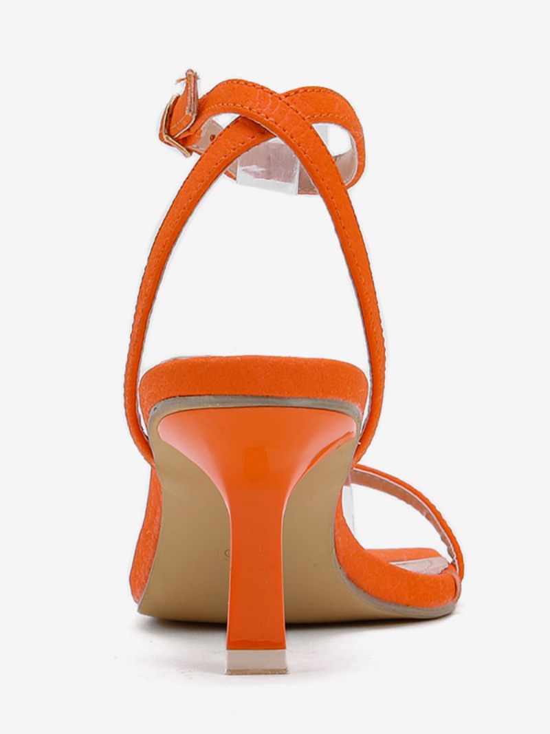 Sandales À Talons Pour Femmes Bout Carré Talon Aiguille Cuir Pu - Rouge-Orange