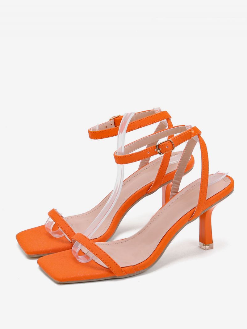 Sandales À Talons Pour Femmes Bout Carré Talon Aiguille Cuir Pu - Rouge-Orange