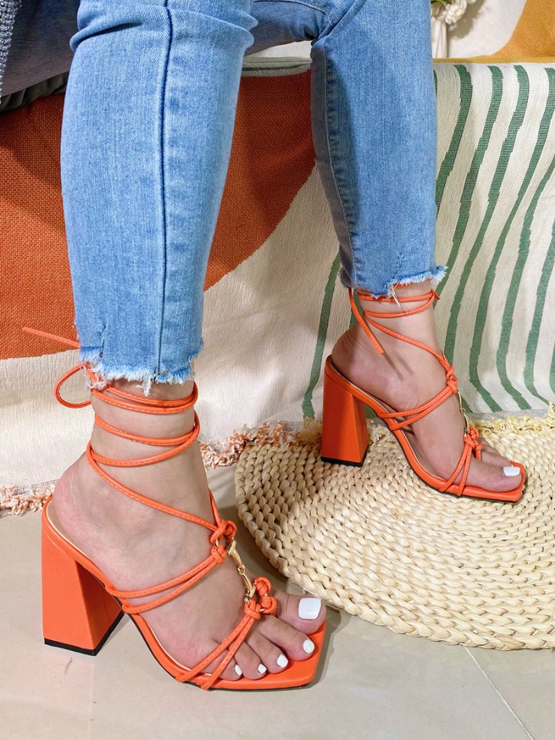 Sandales À Talons Pour Femmes Bout Carré Talon Épais Cuir Pu - Orange