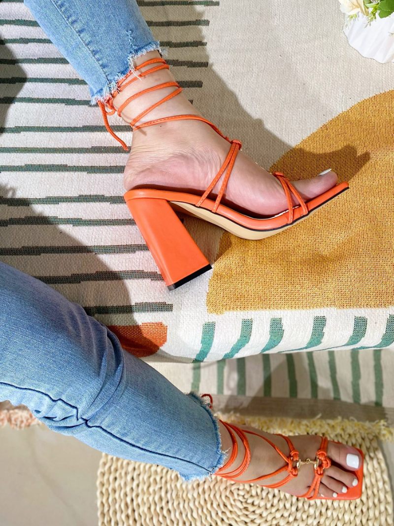 Sandales À Talons Pour Femmes Bout Carré Talon Épais Cuir Pu - Orange