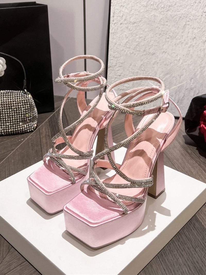 Sandales À Talons Pour Femmes Bout Carré Talon Épais Soie Et Satin - Rose