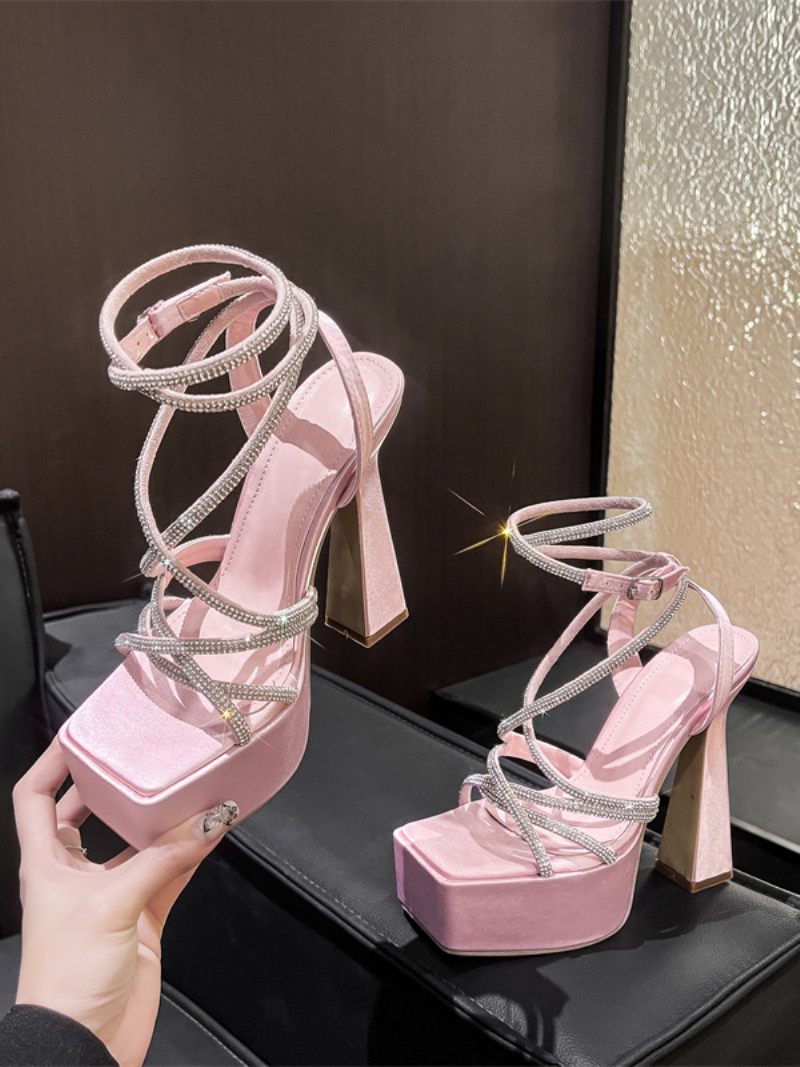 Sandales À Talons Pour Femmes Bout Carré Talon Épais Soie Et Satin - Rose