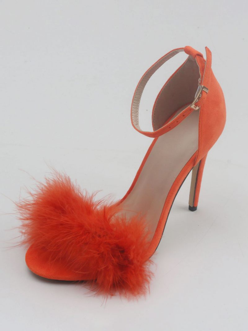 Sandales À Talons Pour Femmes Bout Ouvert Détail Fausse Fourrure Aiguilles - Orange