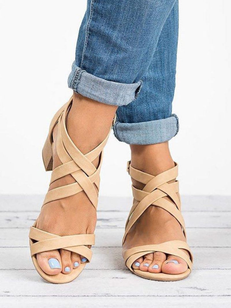 Sandales À Talons Pour Femmes Bout Ouvert Épais Simili Cuir - Beige