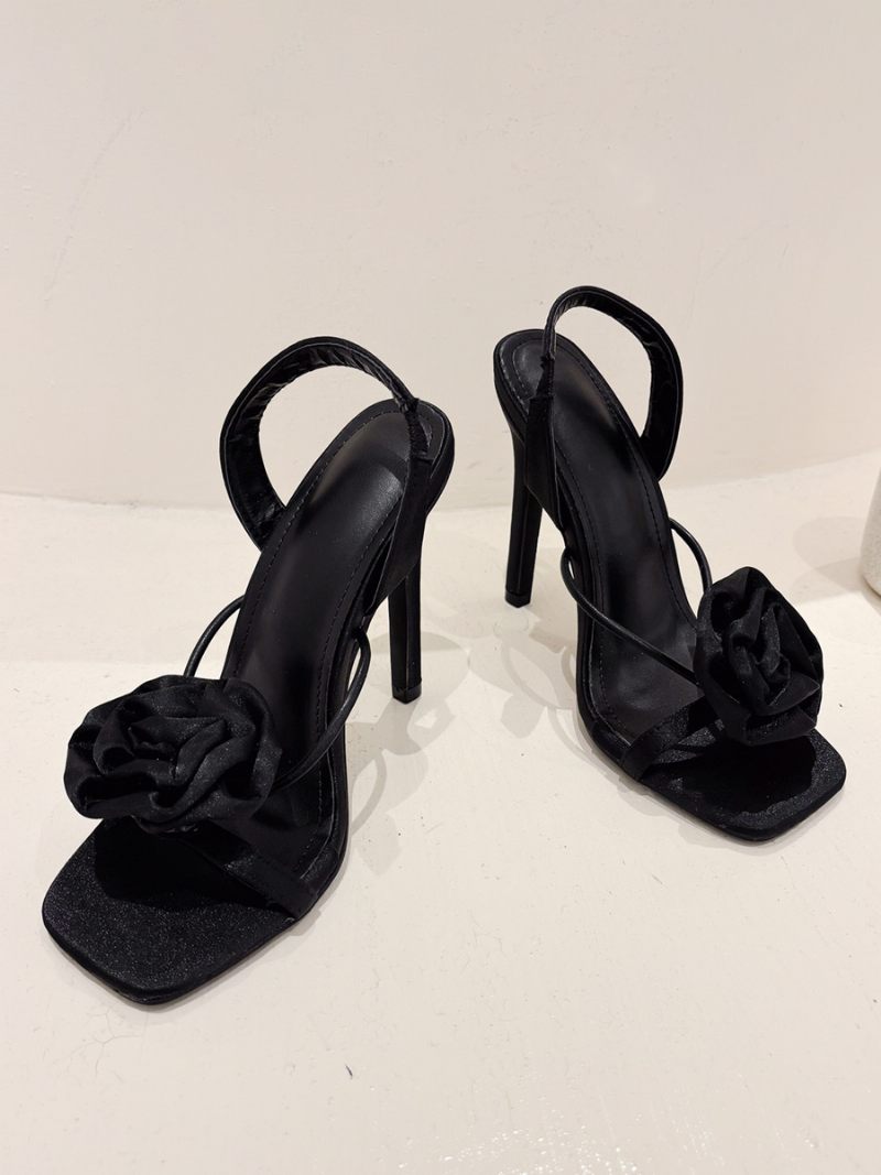 Sandales À Talons Pour Femmes Bout Ouvert Fleurs Détail Talon Aiguille Chaussures - Noir