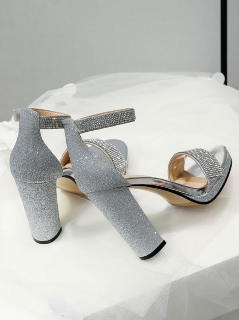 Sandales À Talons Pour Femmes Bout Ouvert Talon Épais Tissu Pailleté - Argent