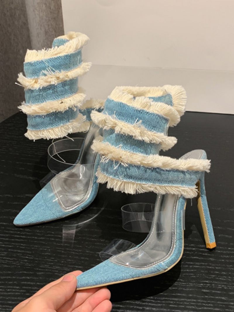 Sandales À Talons Pour Femmes Bout Pointu Aiguilles Toile - Bleu