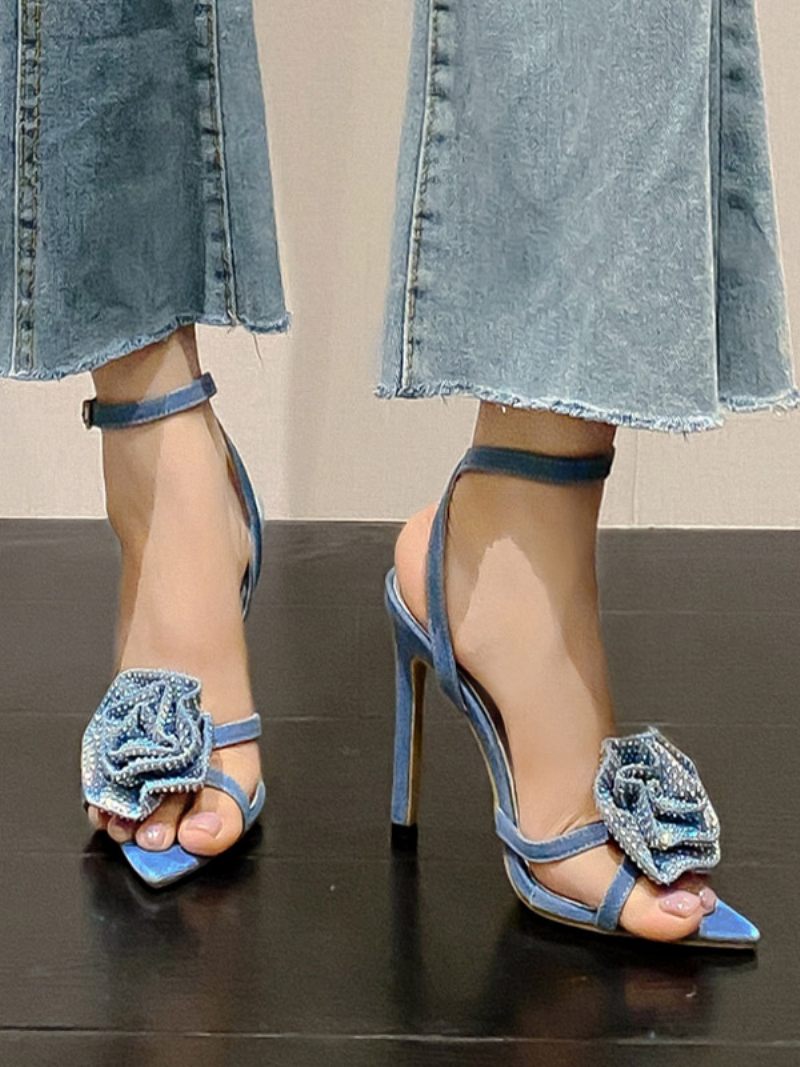 Sandales À Talons Pour Femmes Bout Pointu Talon Aiguille Textile - Bleu Ciel Clair