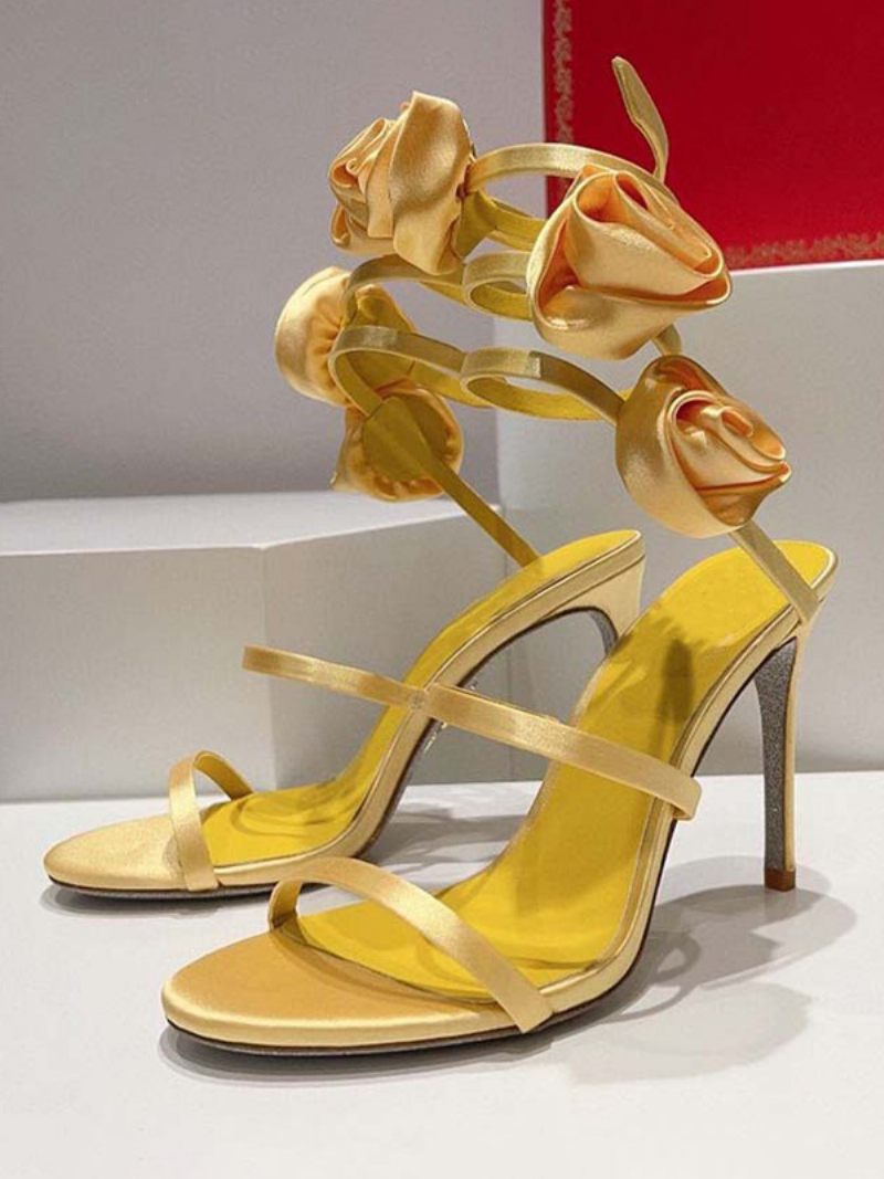 Sandales À Talons Pour Femmes Chaussures Bout Ouvert Satin Noir Avec Détails Fleurs Lanières - Jaune