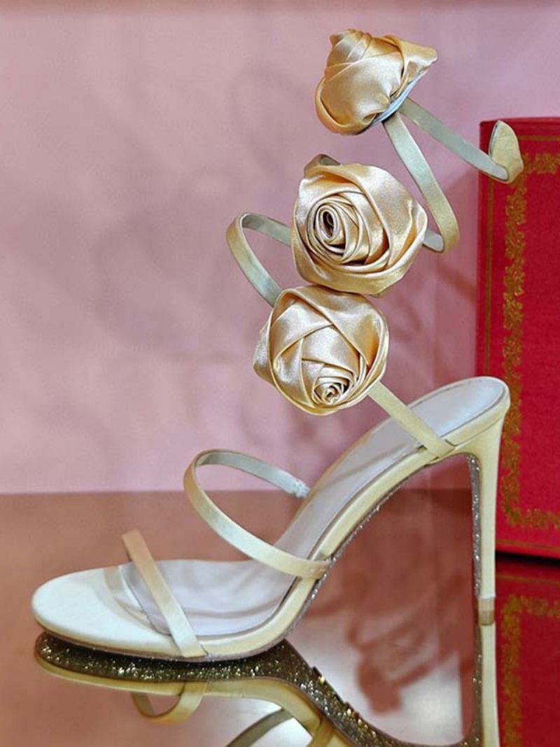 Sandales À Talons Pour Femmes Chaussures Bout Ouvert Satin Noir Avec Détails Fleurs Lanières - Champagne