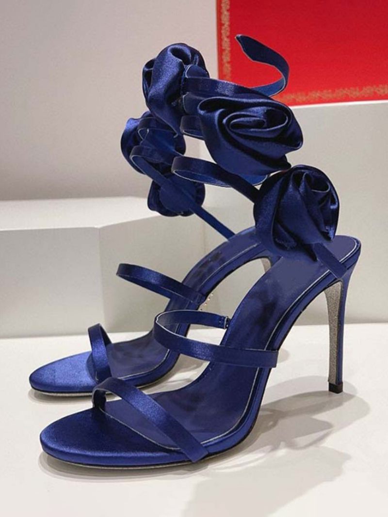 Sandales À Talons Pour Femmes Chaussures Bout Ouvert Satin Noir Avec Détails Fleurs Lanières - Bleu