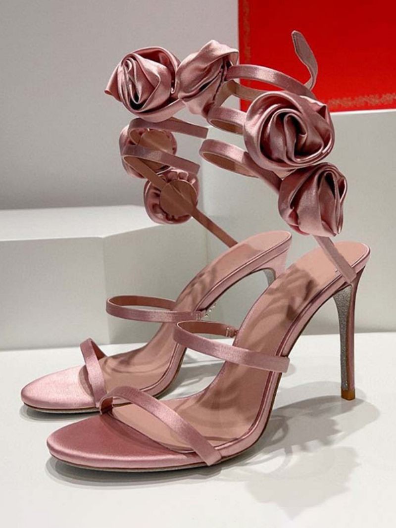 Sandales À Talons Pour Femmes Chaussures Bout Ouvert Satin Noir Avec Détails Fleurs Lanières - Rose