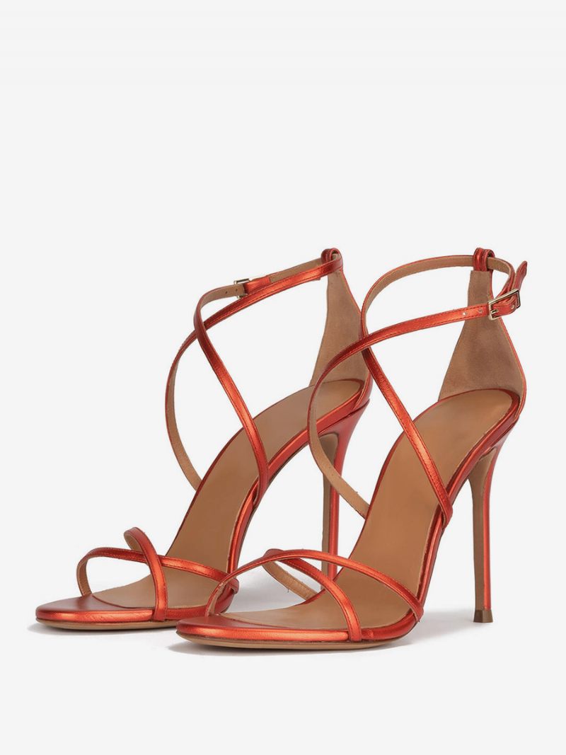 Sandales À Talons Pour Femmes Chaussures Soirée Bout Rond Et Talon Aiguille Métallisé - Orange