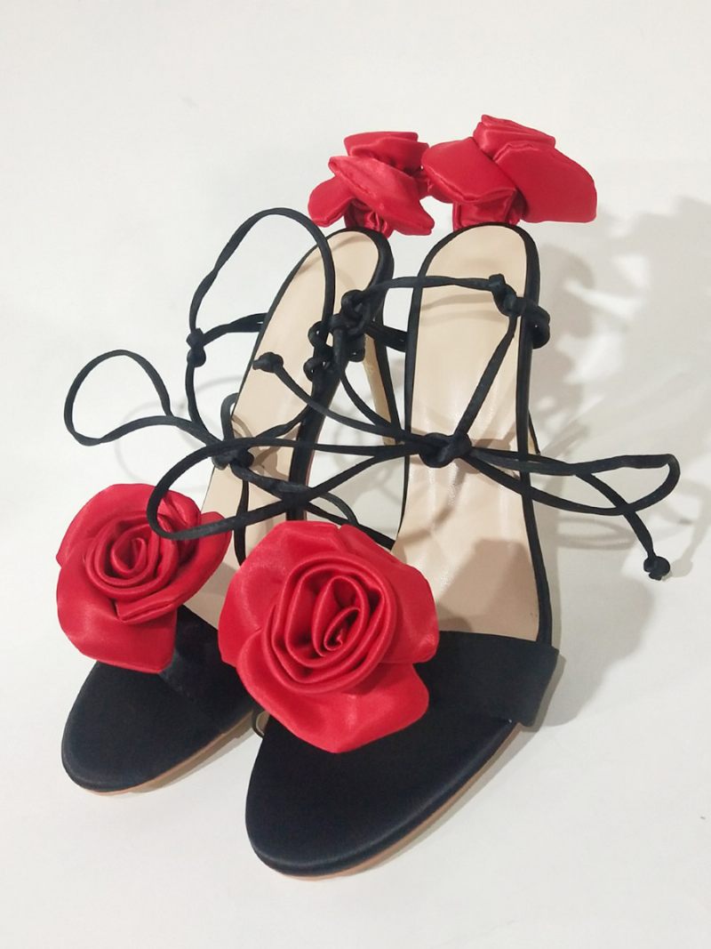 Sandales À Talons Pour Femmes Chaussures Soirée Satin Avec Détails Fleurs Lacets Et Hauts - Noir Rouge