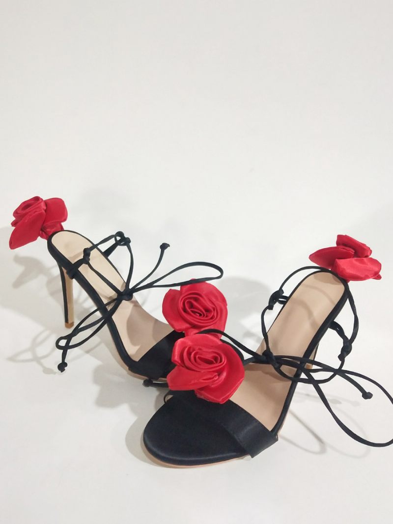 Sandales À Talons Pour Femmes Chaussures Soirée Satin Avec Détails Fleurs Lacets Et Hauts - Noir Rouge