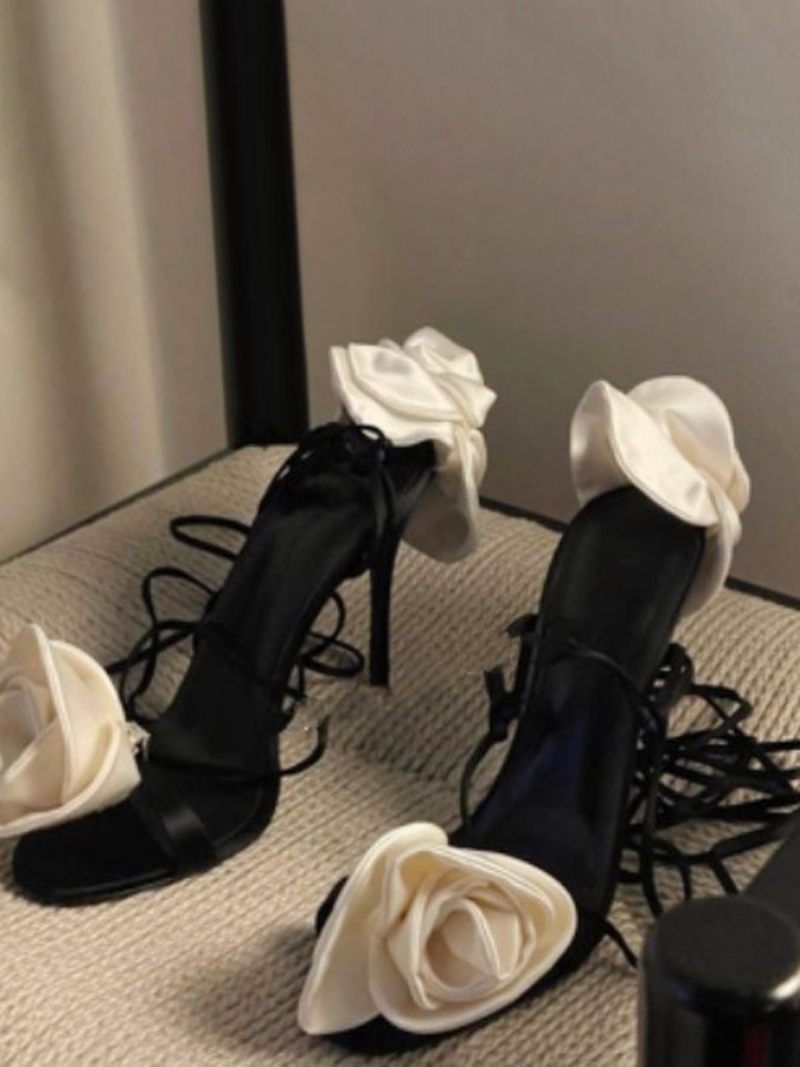 Sandales À Talons Pour Femmes Chaussures Soirée Satin Avec Détails Fleurs Lacets Et Hauts - Noir