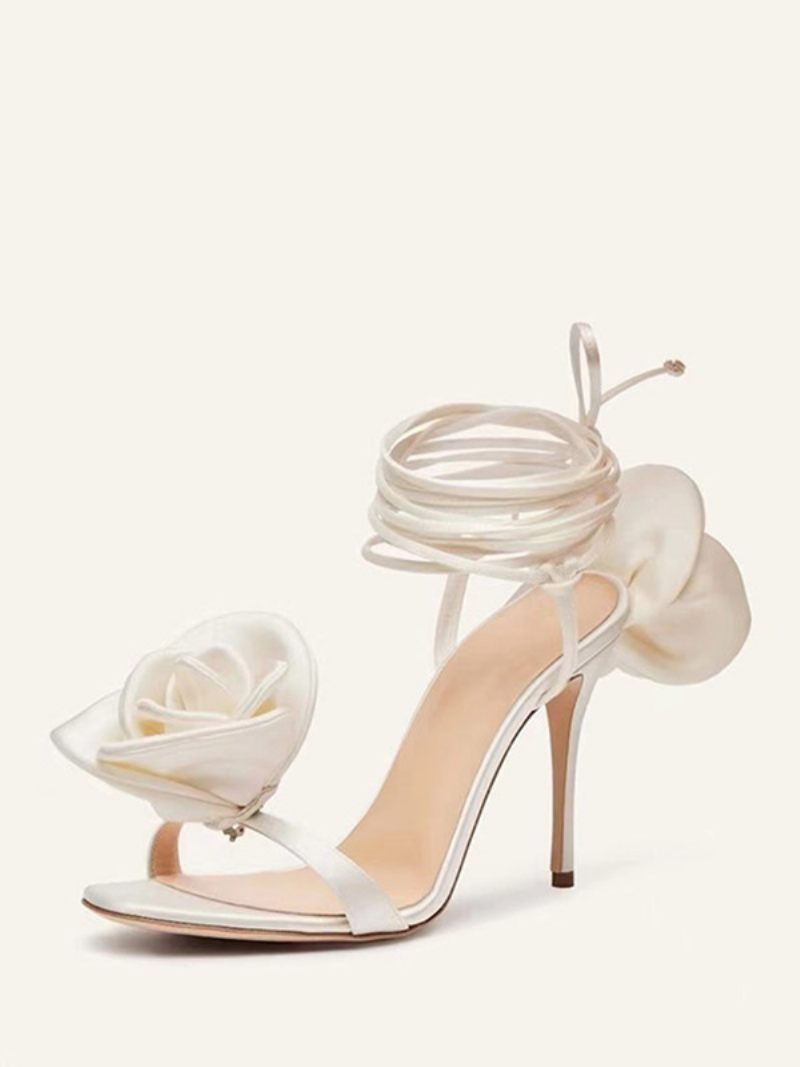 Sandales À Talons Pour Femmes Chaussures Soirée Satin Avec Détails Fleurs Lacets Et Hauts - Blanc